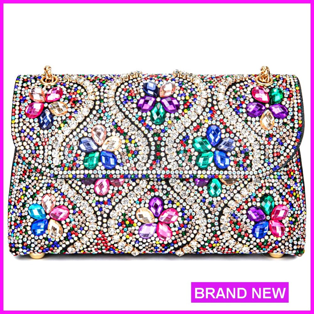 Rhinestone Evening Clutch With Chain Strap, Floral Pattern, Magnetic Closure